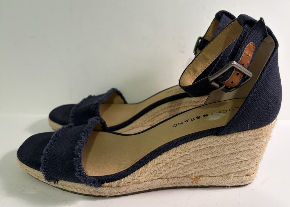 Lucky Brand Marceline Wedge Heel Espadrille Sandals Sz 9M Blue Canvas Adj Strap